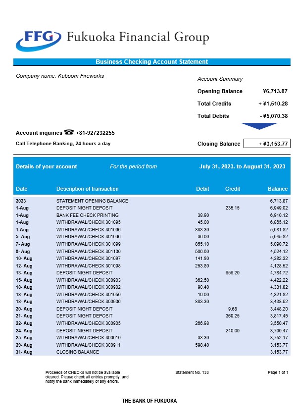 Modèle Word et PDF de relevé de compte d'entreprise de la Banque de Fukuoka